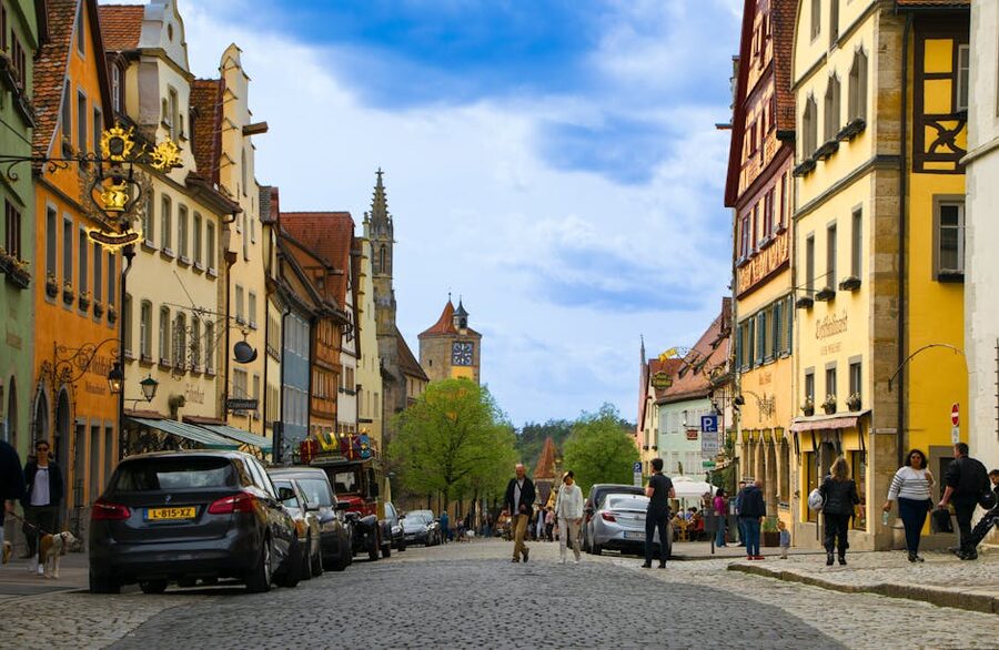 Cobblestone street with half-timbered houses in Rothenburg ob der Tauber