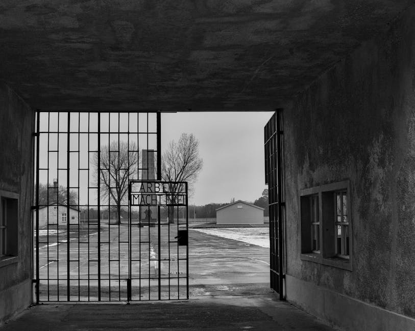 Sachsenhausen Memorial gate in Oranienburg, Germany, in black and white