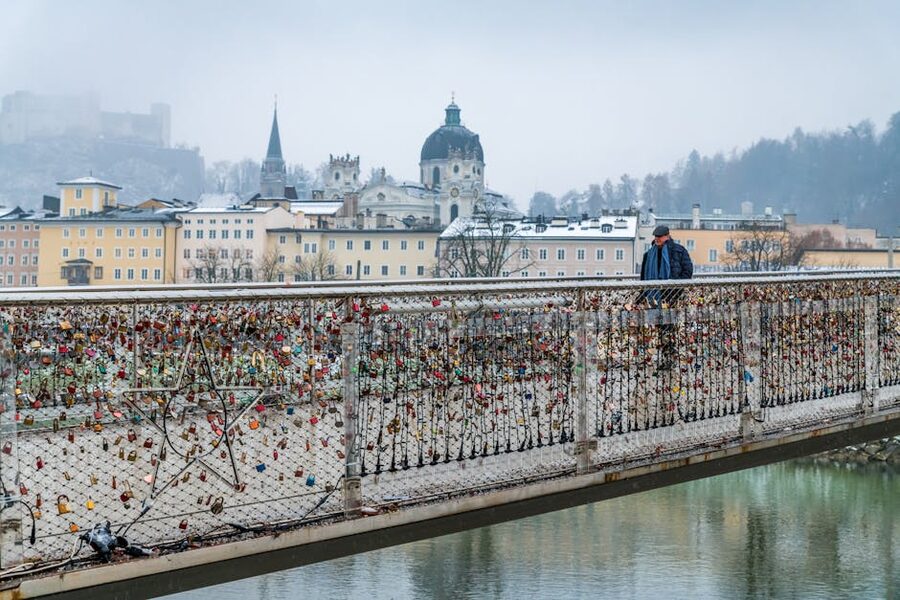 Makartsteg love-lock bridge over Salzach River Salzburg