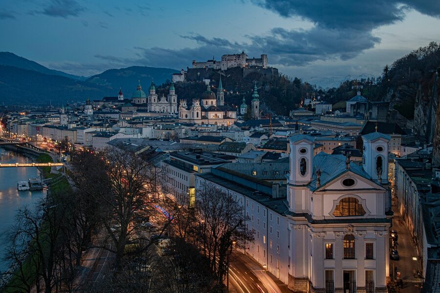 Salzburg night panorama with Hohensalzburg Fortress