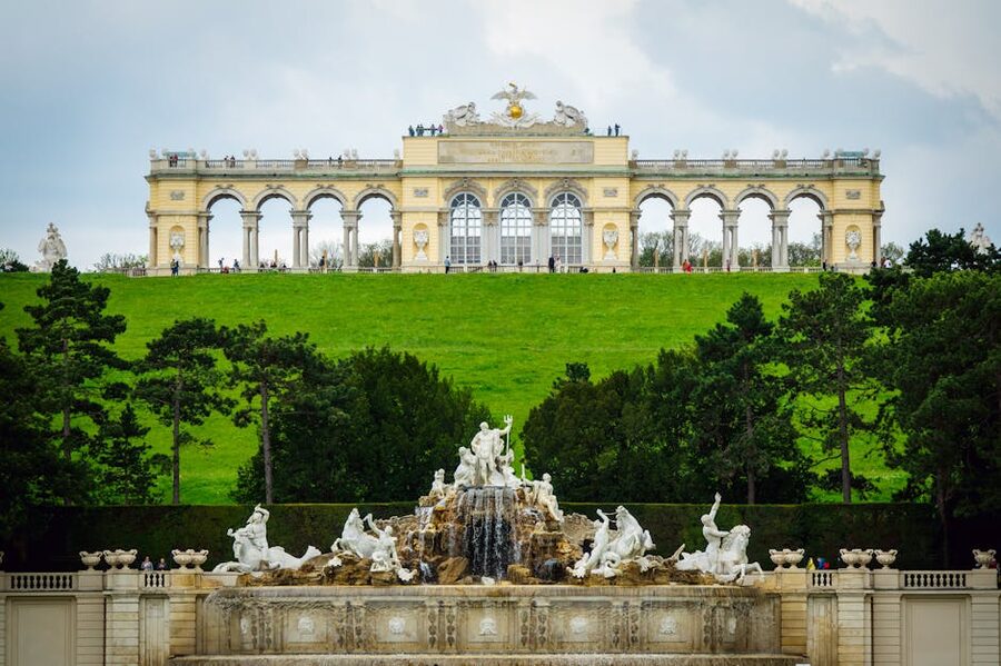 Gloriette and fountain in Schonbrunn gardens Vienna