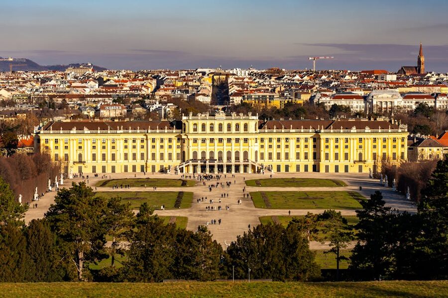 Aerial of Schonbrunn Palace and Vienna cityscape