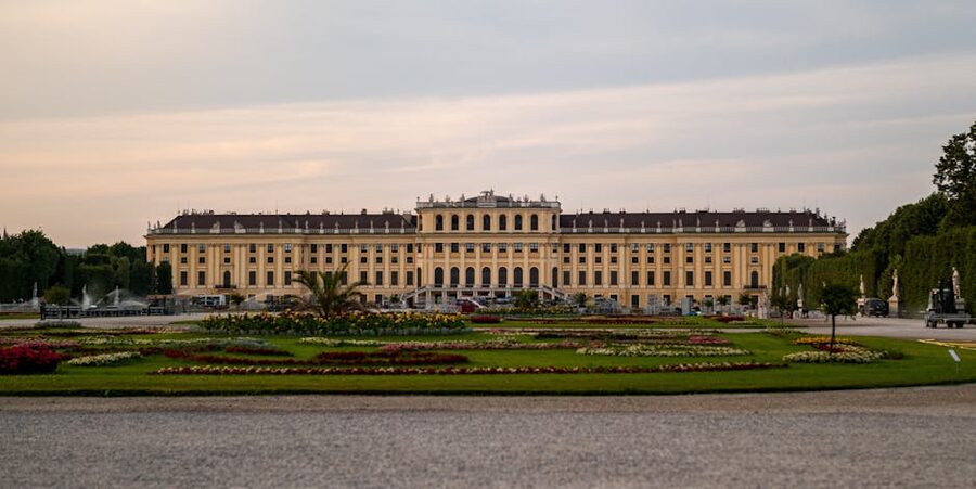 Schonbrunn Palace and gardens at dusk