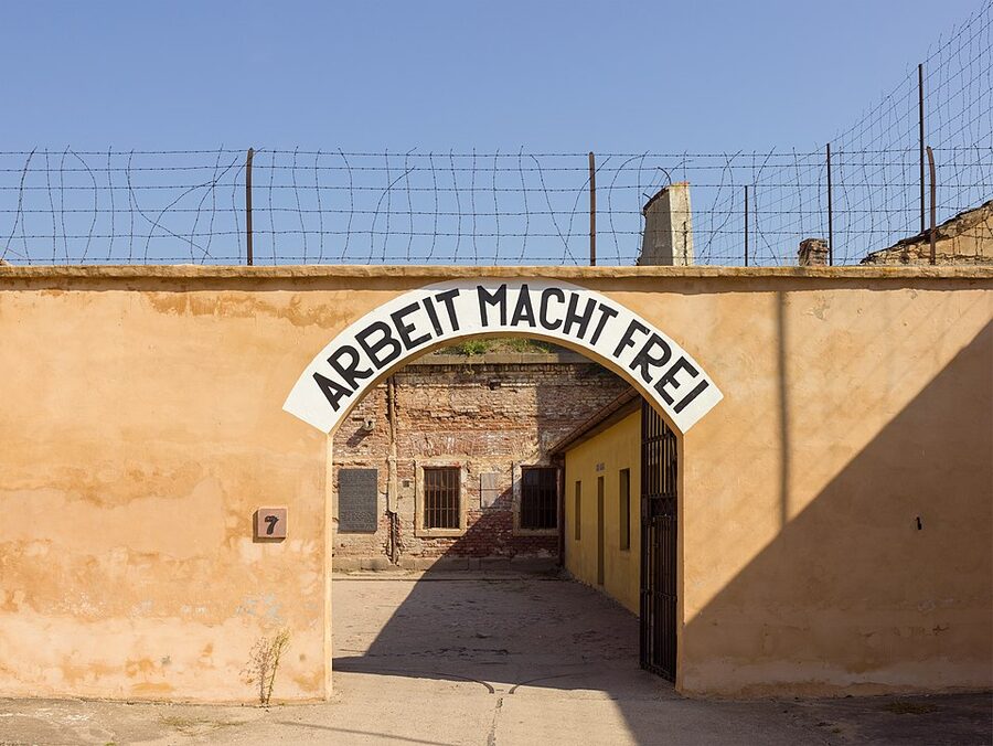 The Arbeit Macht Frei archway at Terezin Small Fortress, Czech Republic