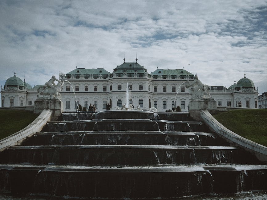 Belvedere Palace Vienna with fountain and cloudy sky