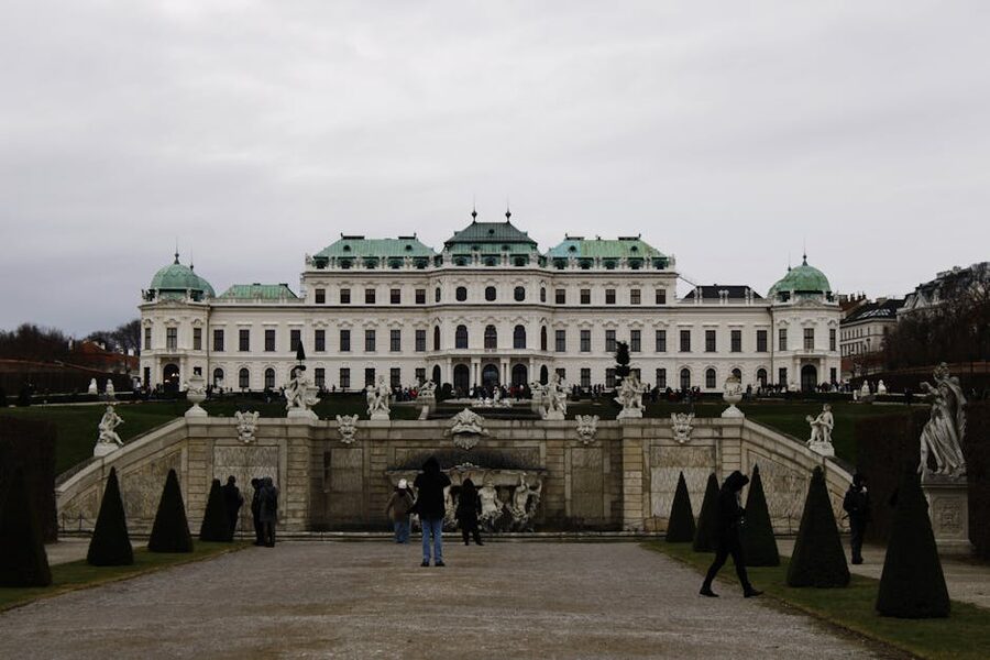 Belvedere palace gardens in winter with statues Vienna