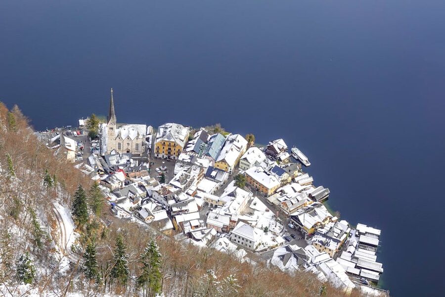 Aerial view of snow-covered Hallstatt village