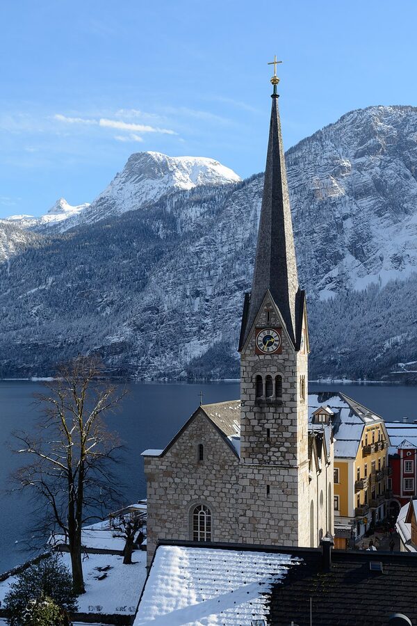 Hallstatt evangelical church on the lakefront