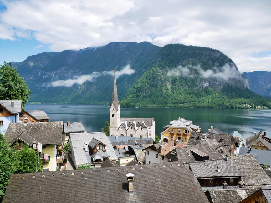 Hallstatt village with church and lake