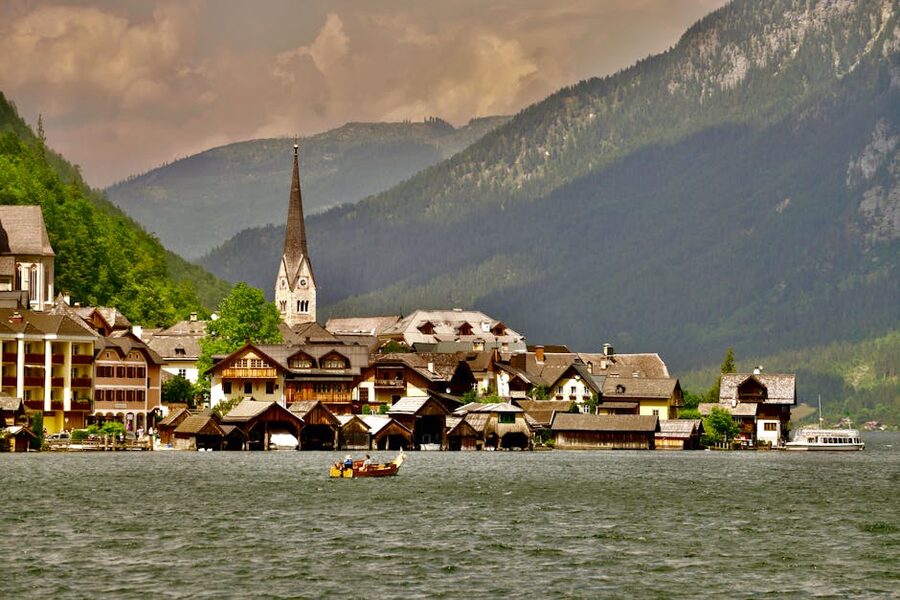 Hallstatt village by the lake with mountain backdrop