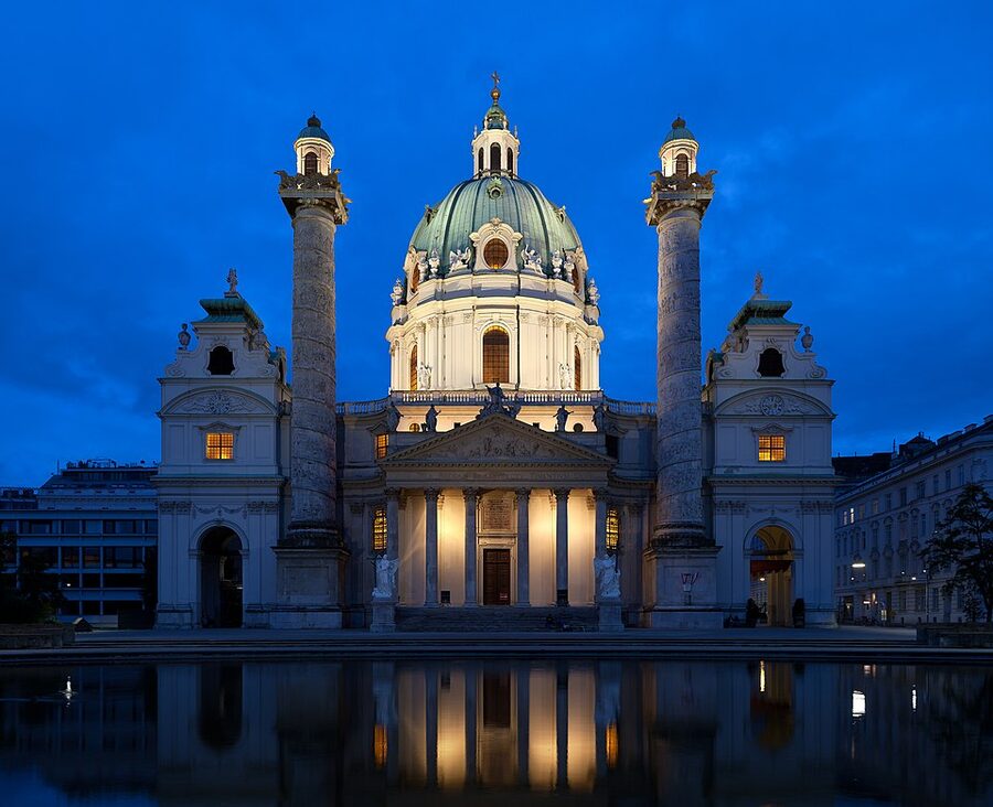 Karlskirche Vienna at evening with reflecting pool