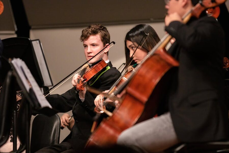 Live orchestra performance with string section on stage