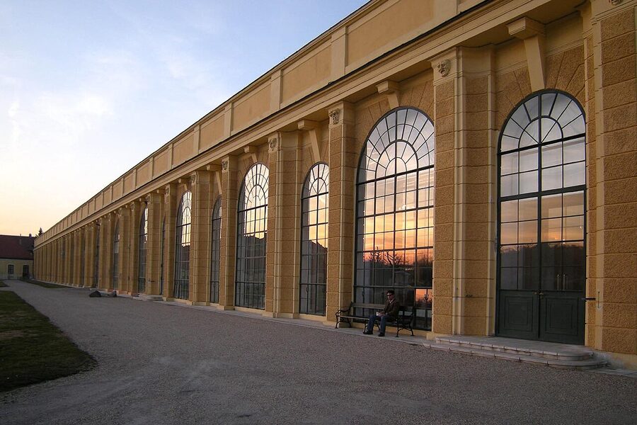 Schonbrunn Orangery long glass building exterior in winter