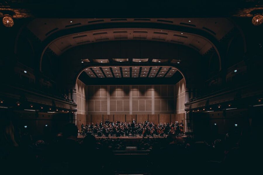 Symphony orchestra performing on stage in a grand theatre