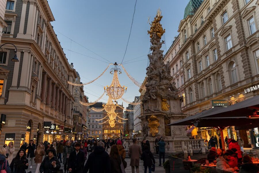 Graben Street Vienna at twilight with festive lights