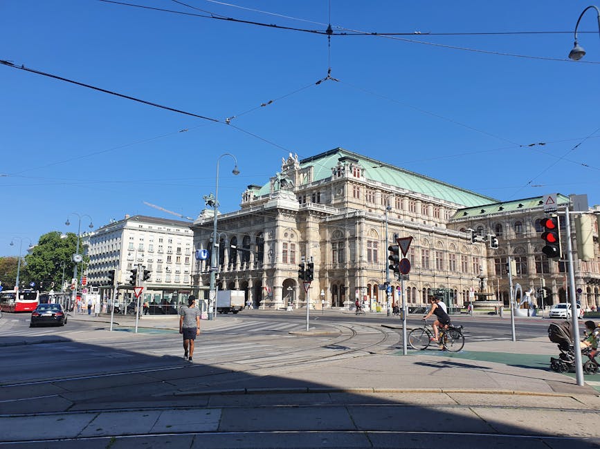 Vienna State Opera on a sunny day with the streetscape around it