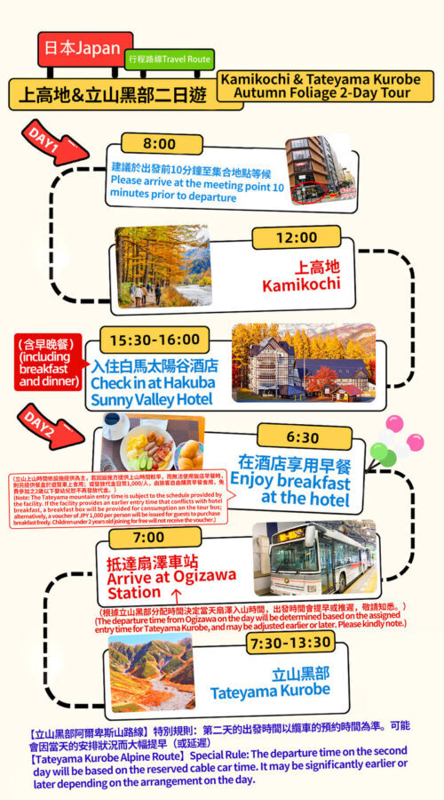 Alps - Tateyama Kurobe & Kamikochi Autumn Foliage Limited 2-Day Tour - Guaranteed transportation tickets and mountain entry guaranteed (Departing from Nagoya) - Day one: follow the Azusa River through Kamikochi