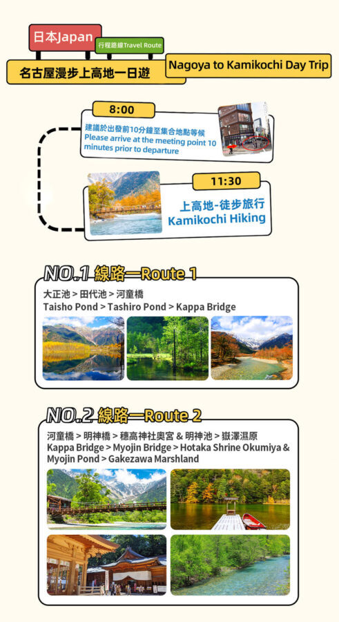 Nagoya Kamikochi Hiking Tour: One-Day Nature Forest Hiking Tour of Kamikochi & Taisho Pond & Tashiro Pond & Kappa Bridge & Myojin Pond & Hotaka Mountain Range & Hotaka Shrine Okumiya (Departure from Nagoya) - Taisho Pond is the gentlest start