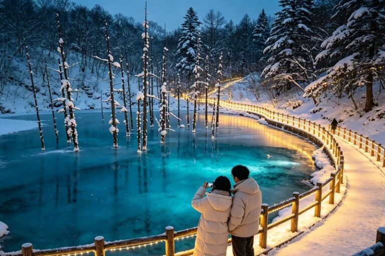 Optional Snowmobile | Hokkaido Winter Day Tour | Asahiyama Zoo Penguin Walk & Ningle Terrace Illumination | Multiple Routes Available - Blue Pond and Shirahige Falls